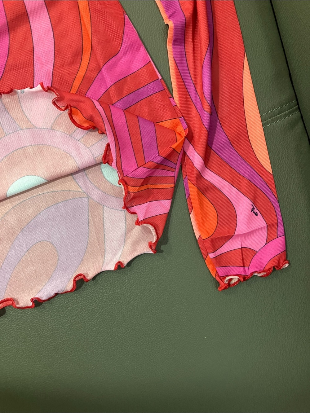 Emilio Pucci Red Pink Orange Swirl Long-Sleeve Mesh Top - Picture 8 of 8